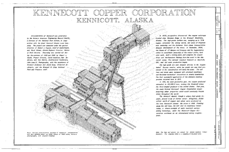 Dessins techniques détaillés de Kennecott Mines et Mill Town créés pour le Historic American Engineering Record USA, Kennecott, Alaska.