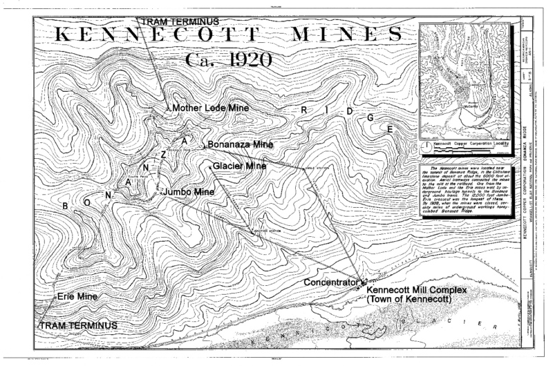 Dessins techniques détaillés de Kennecott Mines et Mill Town créés pour le Historic American Engineering Record USA, Kennecott, Alaska.