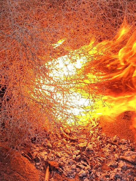 Bon feu au-dessus du pâton. Fabrication du pain berbère