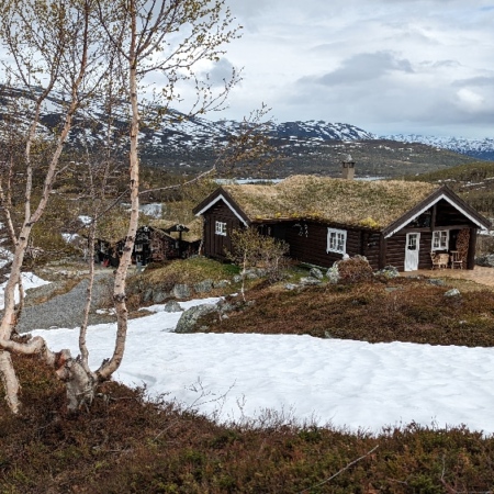 Jolie maison au toit en prairie sur la route. Hjelle