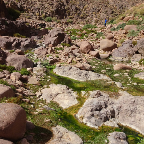 Nous nous installons sur le rocher à gauche pour déjeuner. Six jours de trek dans le Djébel Saghro