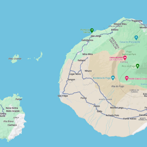 Carte de l'île de Fogo. (distance avec Brava et Grande raccourcie) Cap Vert, Fogo.