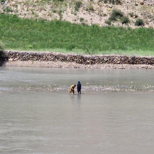Des enfants afghans dans la Panj. Tadjikistan, Khorog Ishkashim.