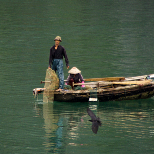 Vietnam, la Baie d'Halong maritime. Un couple de pêcheur. Vietnam, la Baie d'Halong maritime.