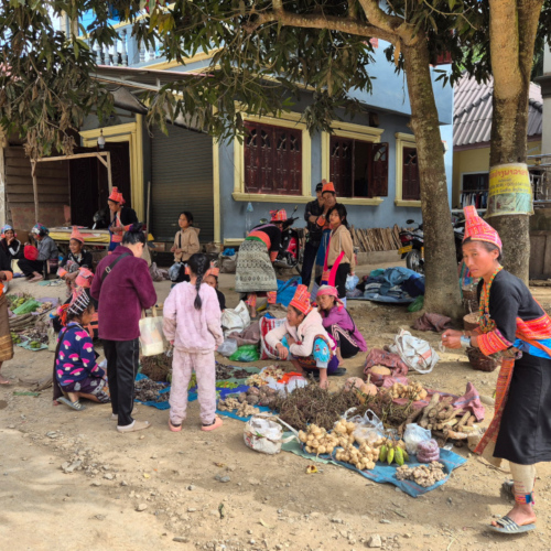 Notre trajet de Booneua à Muang Khua.
Marché à Pak Nam Noy. Paysannes en vêtements traditionnels. Notre trajet de Booneua à Muang Khua