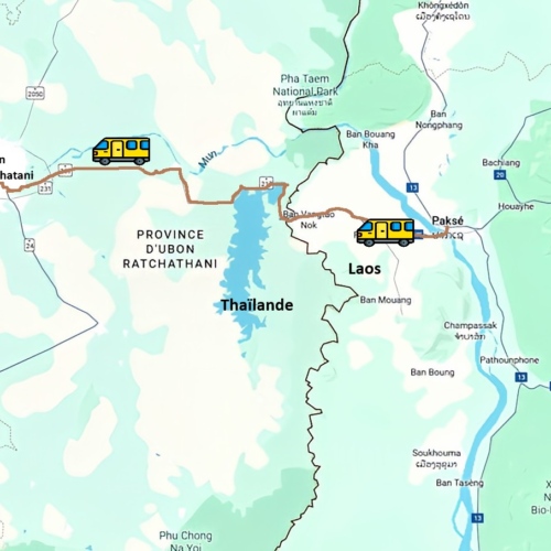 Laos Bus de Paksé à Ubon Ratchathani en Thaïlande. Laos Pakse Champassak Ubon