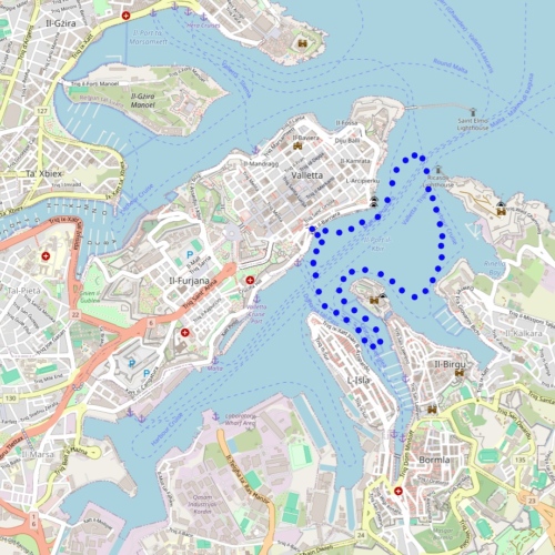 Malte La Valette le tour du Grand Port.
Trajet dans le grand port. Malte La Valette le tour du Grand Port